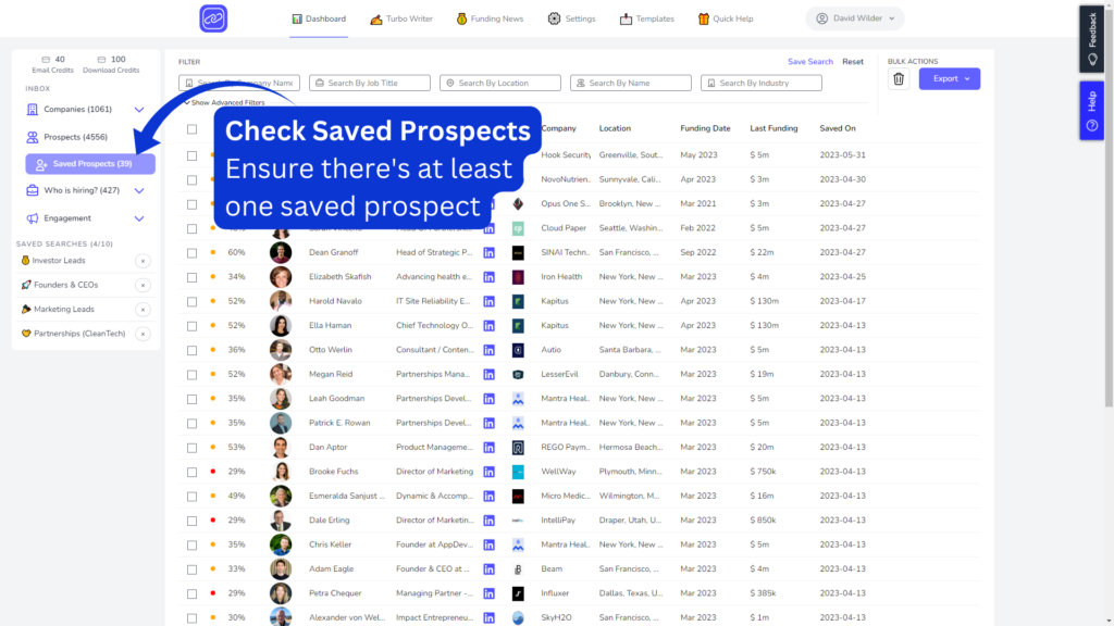 Prelo's Saved Prospect Page - Showing you have saved prospect that can be exported to HubSpot