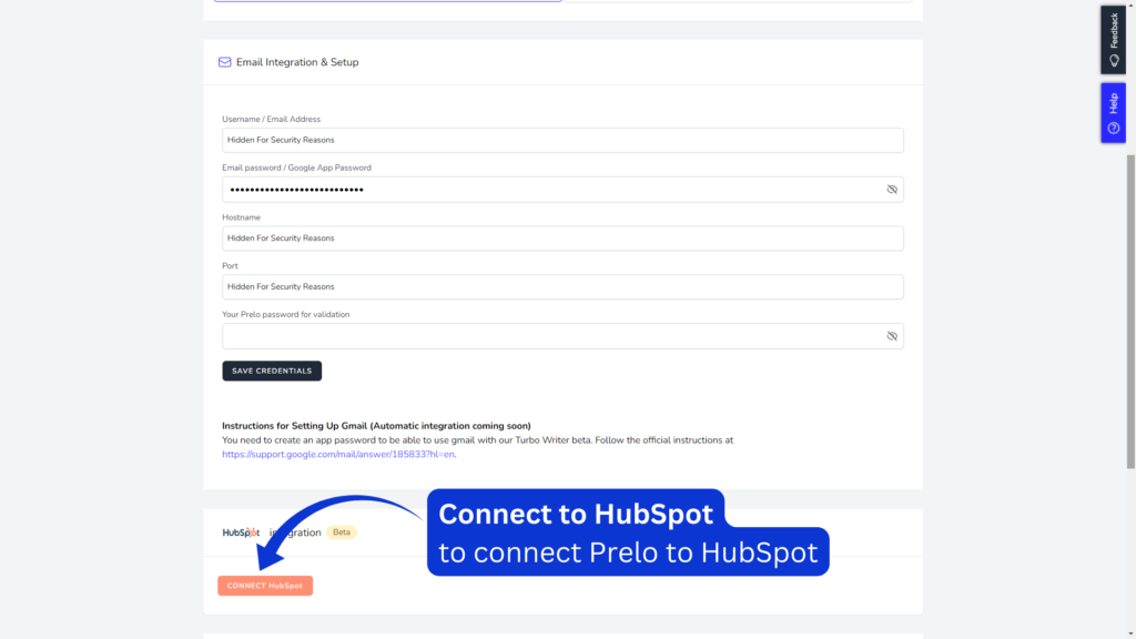 Prelo Settings Page Showing How to Connect to HubSpot